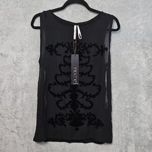 Kische Black Sheer Tank Top Blouse Sheer Front Sz Med Knit Back New